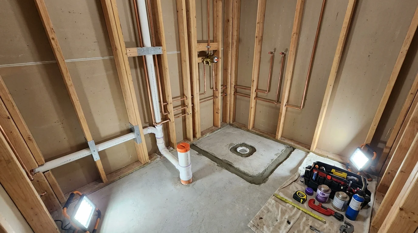 Bathroom rough-in plumbing during remodel by Johns Plumbing LLC in Upton