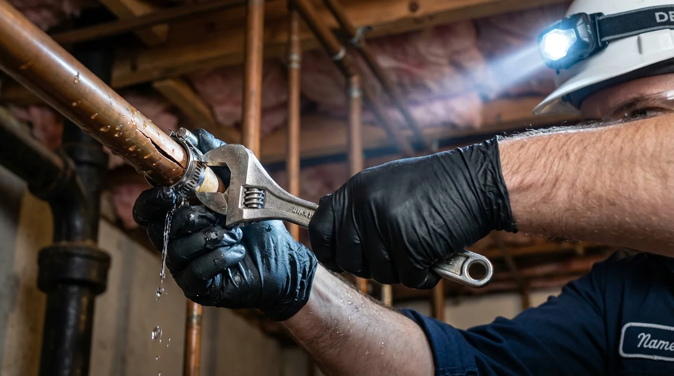 Emergency pipe clamp repair being performed by a Johns Plumbing LLC plumber in Upton