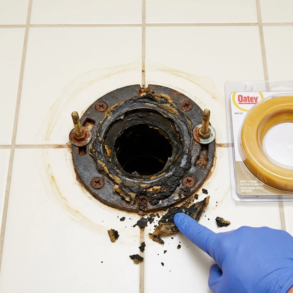 Failed wax ring showing water seepage at the base of a toilet in a Upton, WY home
